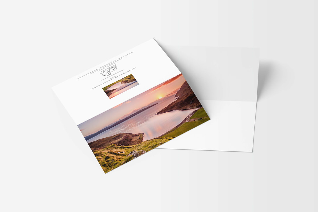 A DL sized greeting card featuring the view from the western slopes of Beinn Bhuidhe looking over Camas nan Geall at sunset on a Spring evening | Ardnamurchan Scotland