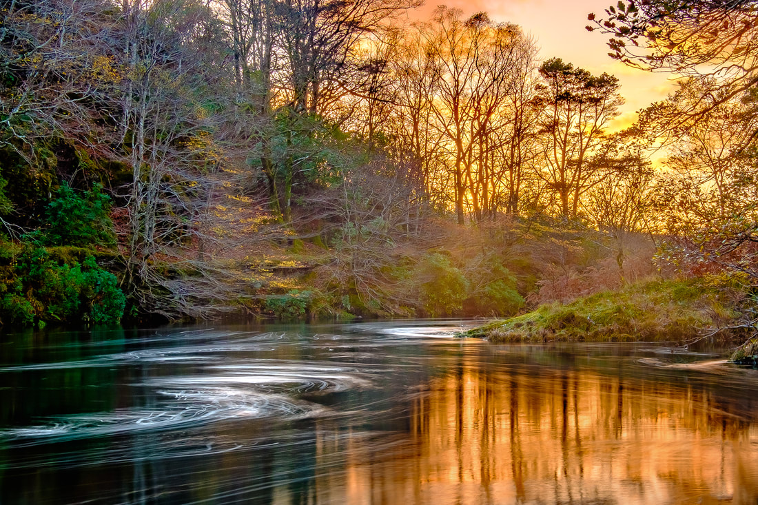 Autumnal sunset light bathing the banks of the River Shiel | Blain, Moidart, Scotland | Steven Marshall Photography