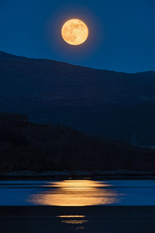 A golden full moon reflecting its light in Loch Sunart, Resipole, Sunart, Scotland | Steven Marshall Photography