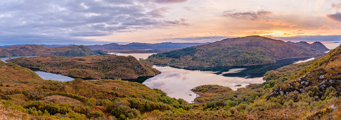 View over Shona Beag and Eilean Shona from high up on the southern slopes of Egnaig Hill at sunset on an autumn day | Moidart Scotland