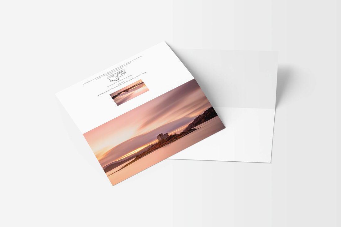 A DL sized greeting card featuring Castle Tioram cut off from the mainland by a high tide at dusk | Moidart Scotland