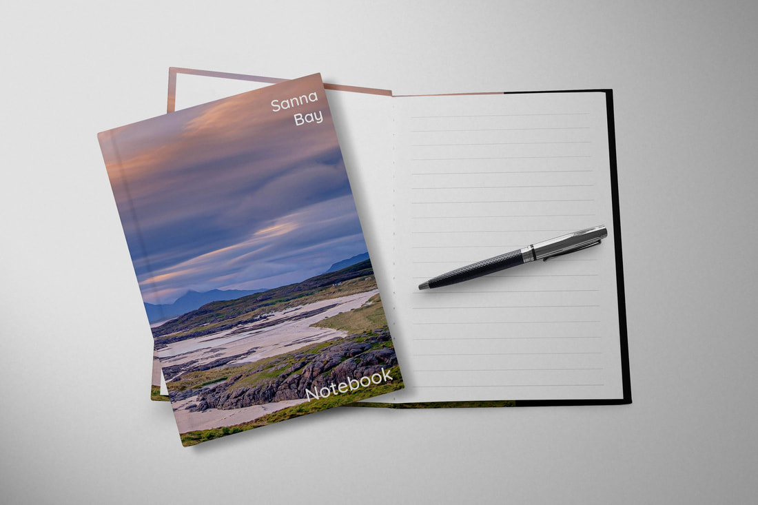 Souvenir hardbacked notebook featuring the view over Sanna Bay towards the Small Isles | Ardnamurchan Scotland