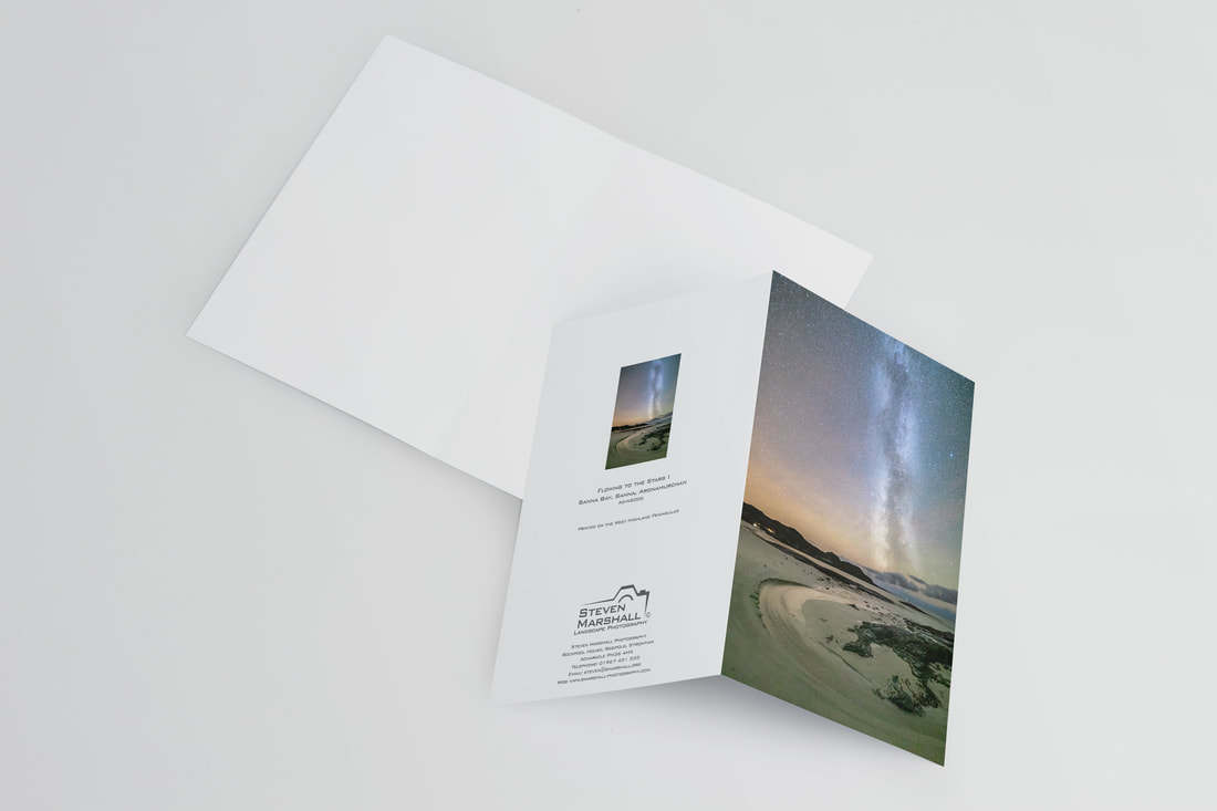 An A6 greeting card featuring a stream flowing from the sand dunes at Sanna, winding round the rocks and then out to the sea with the Milky Way and a star-filled sky above it | Ardnamurchan Scotland