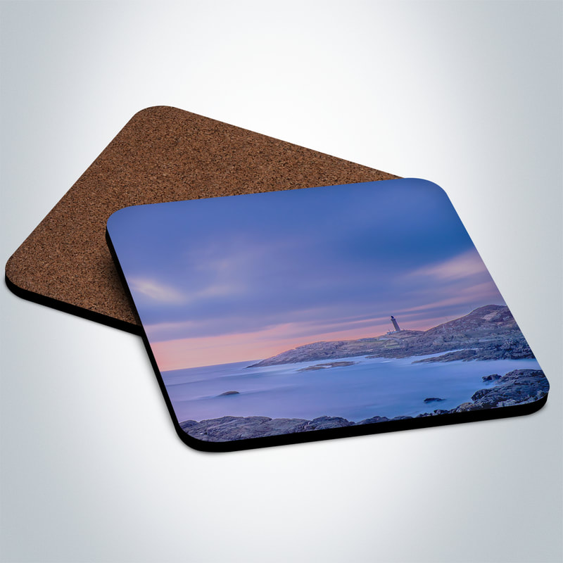 Souvenir photo coaster featuring an image of Ardnamurchan Lighthouse at dusk and viewed across Briaghlann, the to the south of Ardnamurchan Point | Ardnamurchan Scotland