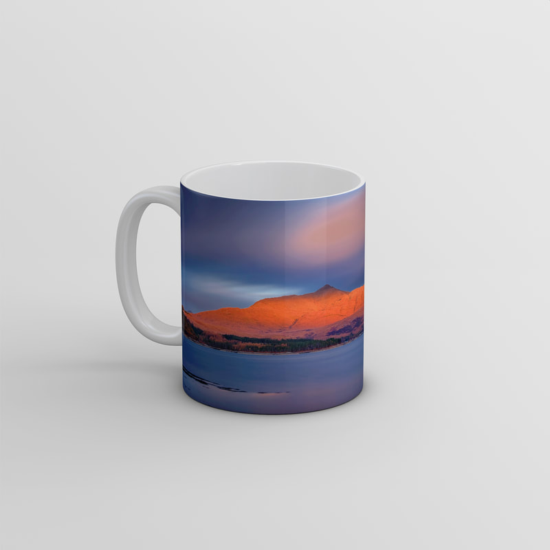 Souvenir photo mug featuring an image of Ben Resipole viewed from across Loch Sunart with the mountain lit red from the sunset | Sunart Scotland