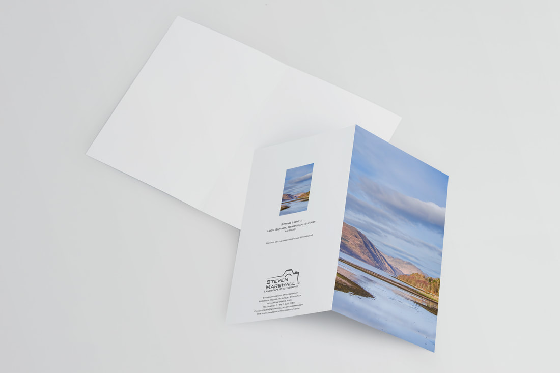An A6 greeting card showing a spring morning when the sun had cleared the hills on the south side of Loch Sunart to bathe the headland of Ardnastang in warm light | Sunart Scotland