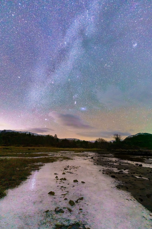 The frozen stream at Ceann Traigh Bridge, Ardery, leading out to the constellation of Orion and to Sirius, the brightest star in the night sky | Sunart Scotland