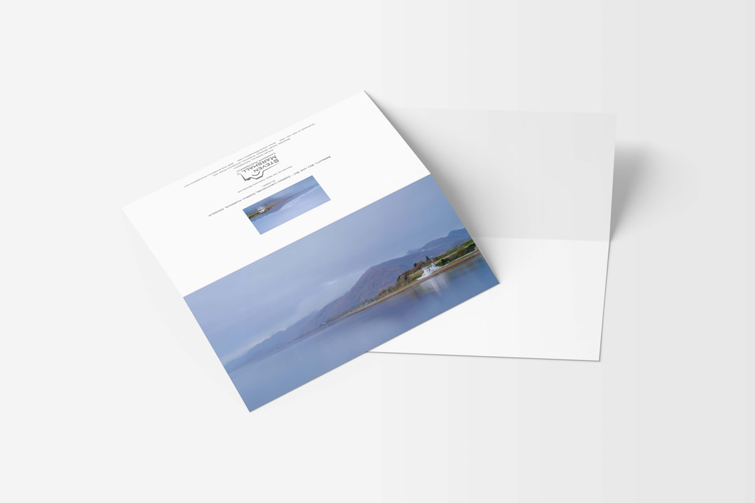 A DL sized greeting card featuring the Corran Lighthouse viewed from Nether Lochaber on the other side of Loch Linnhe's tranquil waters | Ardgour Scotland