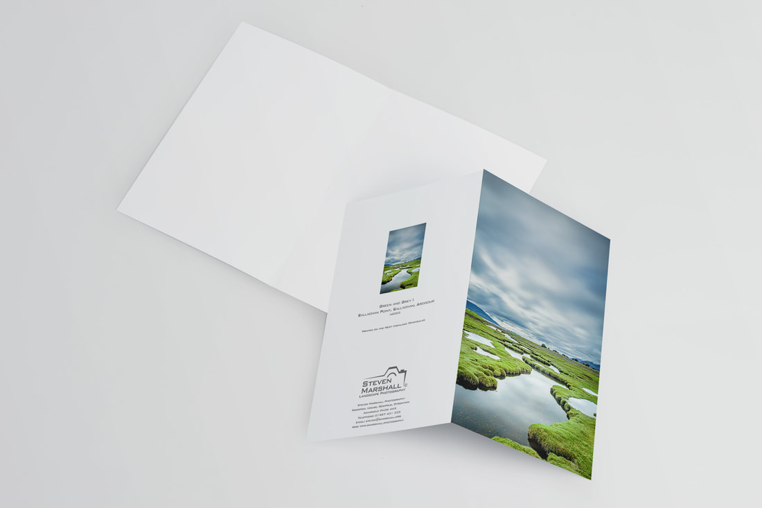 An A6 greeting card featuring the salt marshes at Sallachan Beach, with green grass and a grey sky | Ardgour Scotland