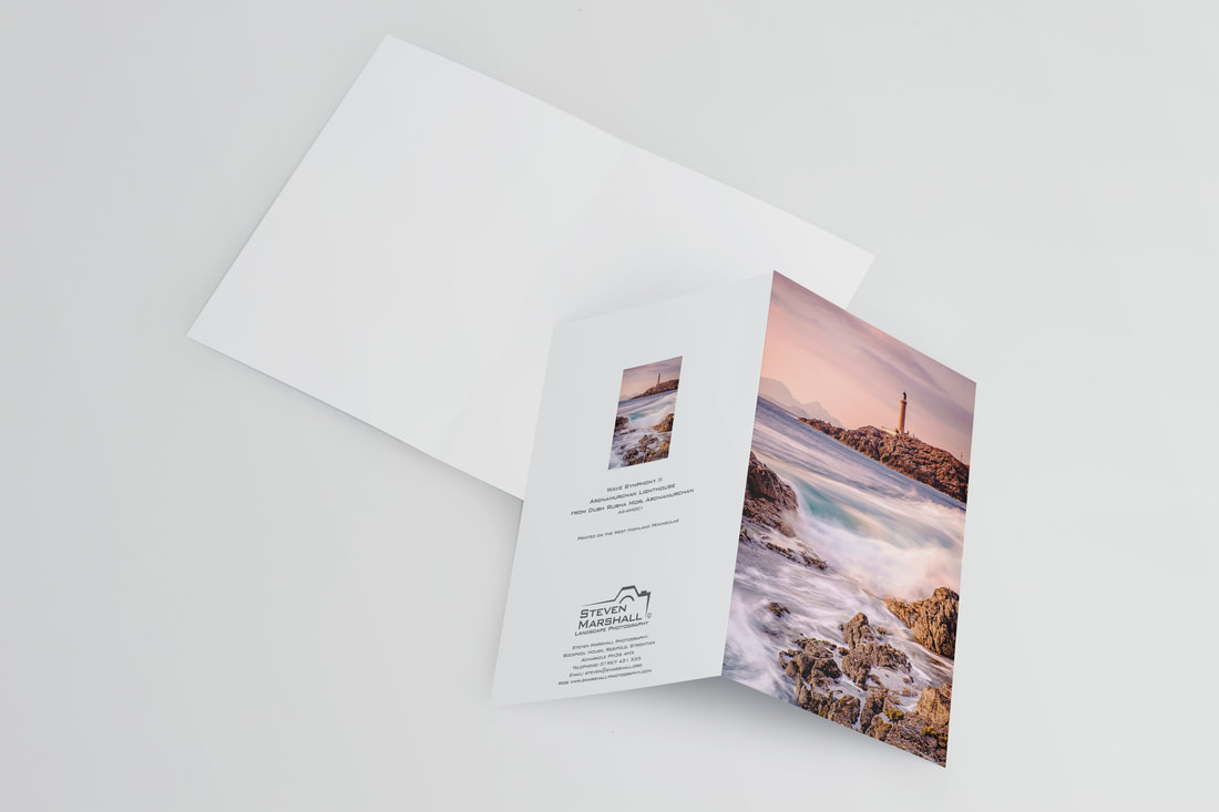 An A6 greeting card featuring the view looking across the sea and waves to Ardnamurchan Lighthouse at sunset | Ardnamurchan Scotland