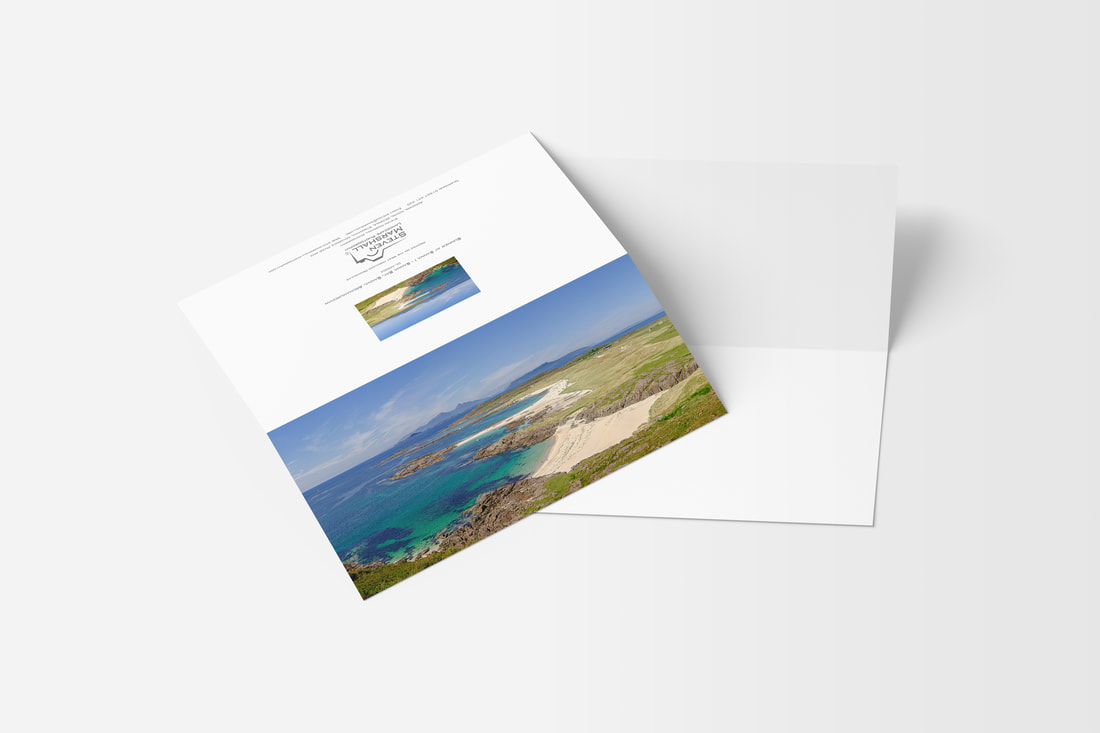 A DL sized greeting card featuring Sanna Bay on a Summer's day, viewed from the hills to the South and with the Small Isles on the Northern Horizon| Ardnamurchan Scotland