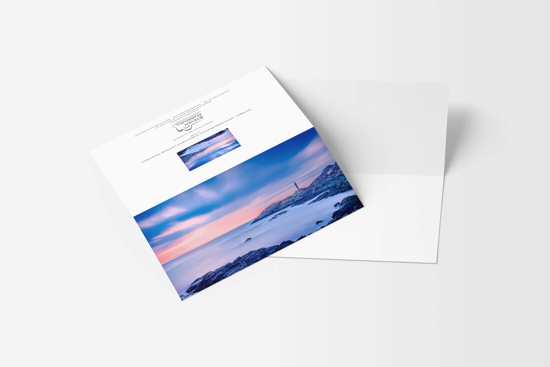 A DL sized greeting card featuring Ardnamurchan Lighthouse at dusk against a background of blues and pinks | Ardnamurchan Scotland