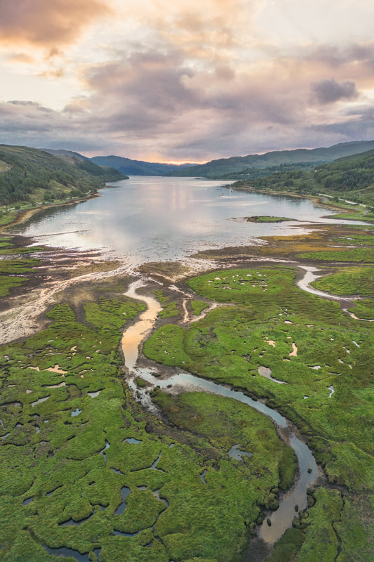 An aerial view of the Carnoch River flowing through the salt marsh at the head of Loch Sunart| Sunart Scotland | Steven Marshall Photography