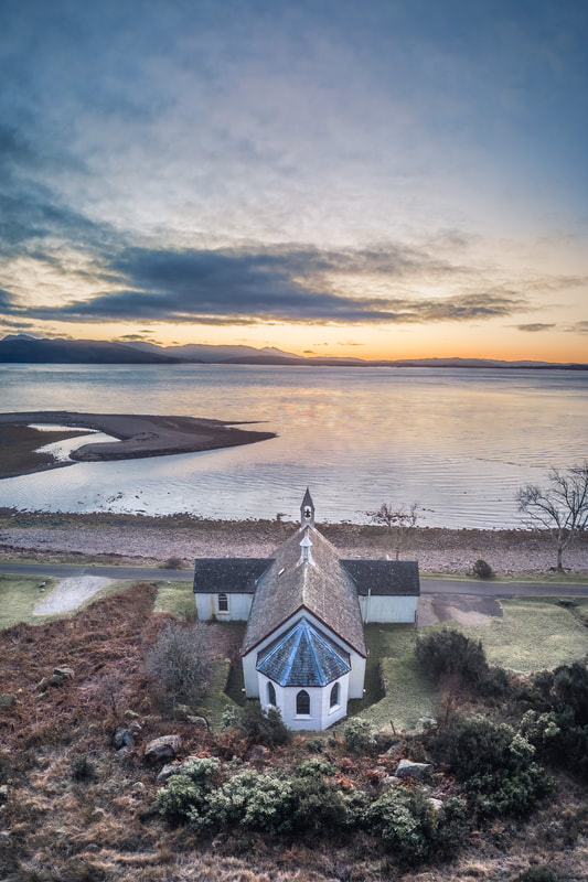 Kingairloch Church on a frosty winter morning at sunrise, looking over Loch Linnhe to Ben Cruachan | Ardgour Scotland | Steven Marshall Photography