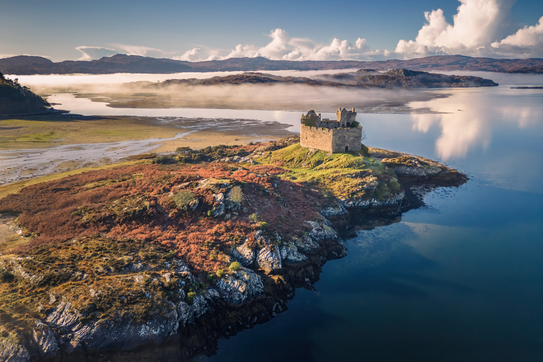 Castle Tioram at Dorlin in the sunshine on a misty autumn morning | Moidart Scotland | Steven Marshall Photography