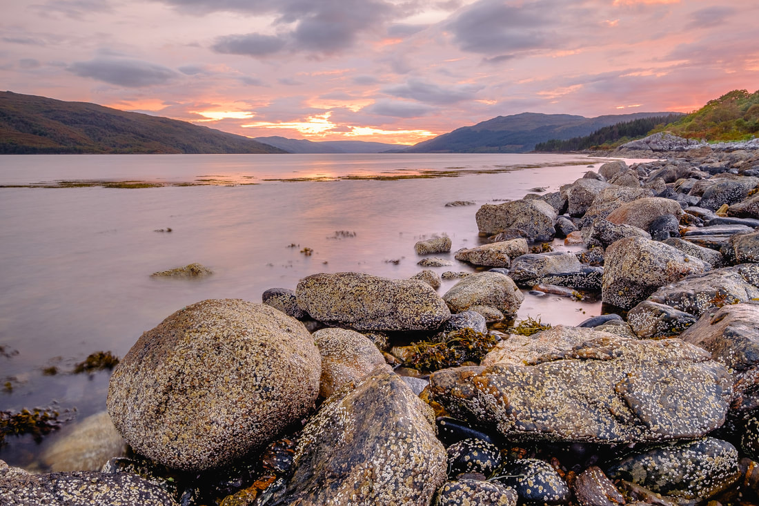 A close-up of the boulders on the shore of Loch Sunart at Resipole at sunset | Sunart Scotland | Steven Marshall Photography