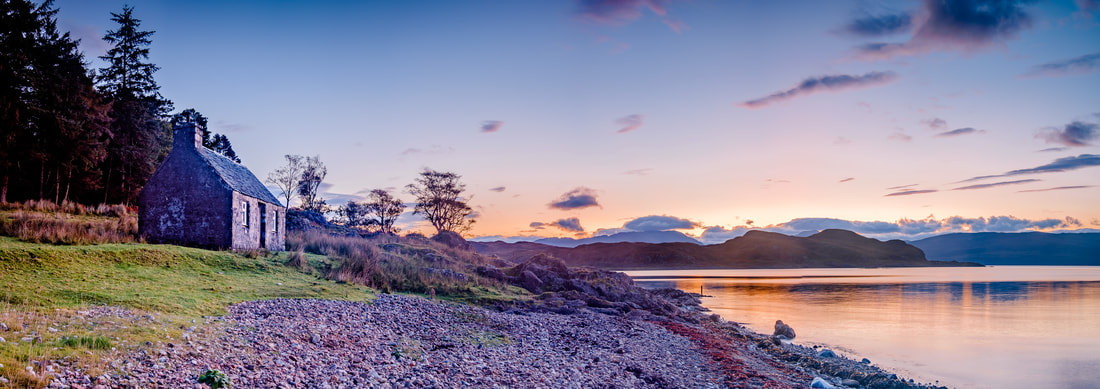An old bothy on the shore of Loch Linnhe at sunrise on an autumn morning at Kilmalieu | Ardgour Scotland