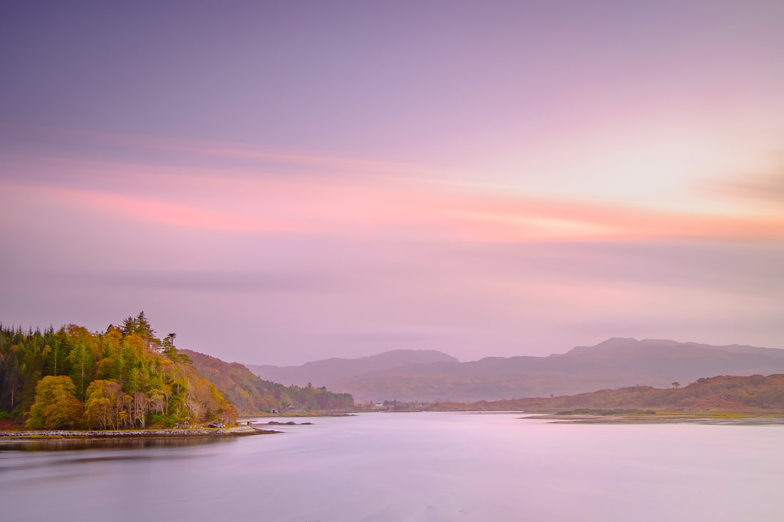 River Shiel from Castle Tioram on an autumn evening just after sunset when shades of pink and lilac filled the sky | Moidart Scotland