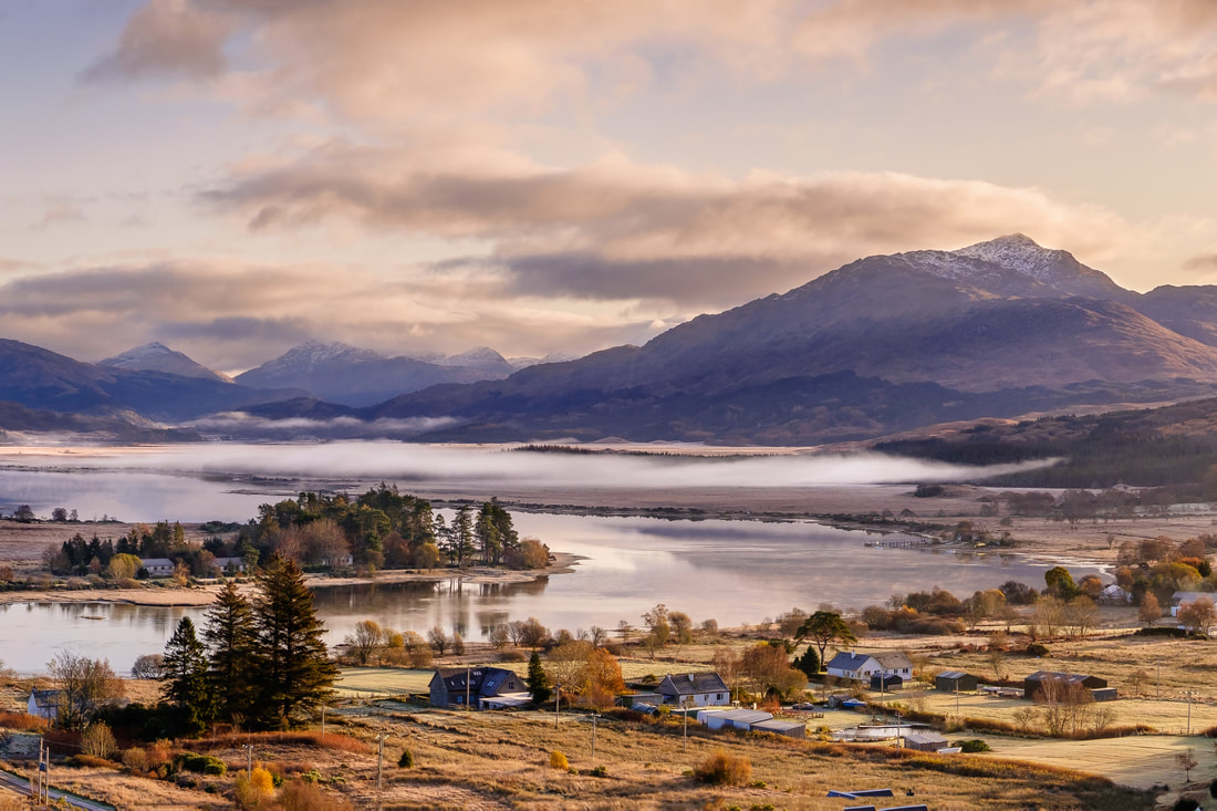 The view over Acharacle towards Loch Shiel on a late Autumn morning when frost lightened the landscape and mist sat beneath the northern slopes of Ben Resipole | Ardnamurchan Scotland