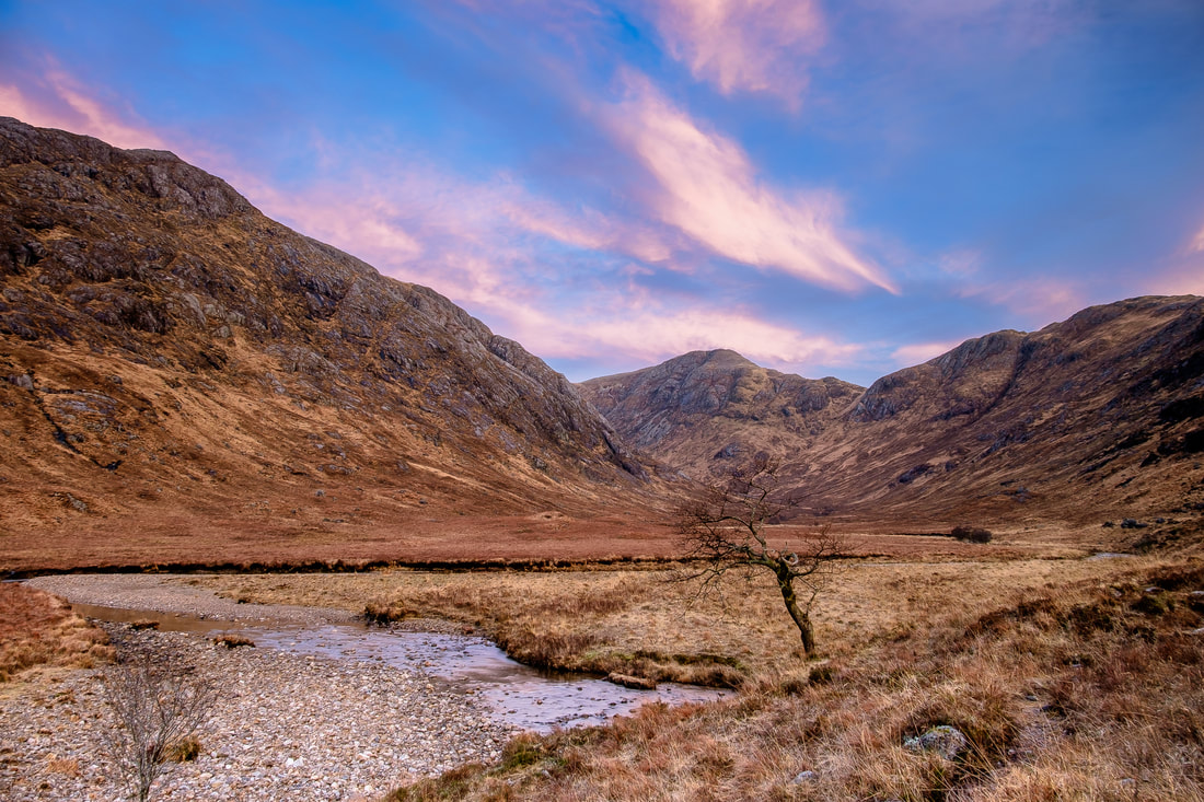 A lone tree standing by the river in Coire an Lubhair, beneath Beinn Bheag on a winter morning | Ardgour Scotland