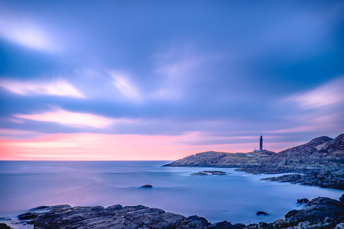 Ardnamurchan Lighthouse at dusk against a background of blues and pinks| Ardnamurchan Scotland | Steven Marshall Photography