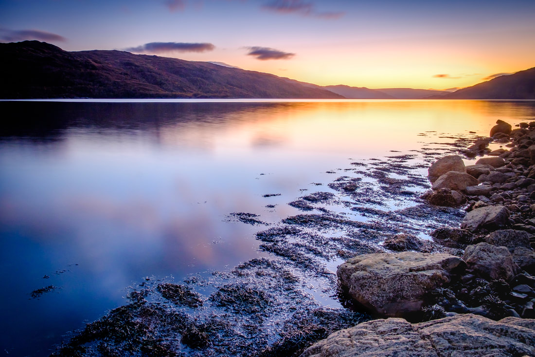 Loch Sunart at Resipole under lilac and gold light from a setting sun just as the blue hour approaches | Sunart Scotland