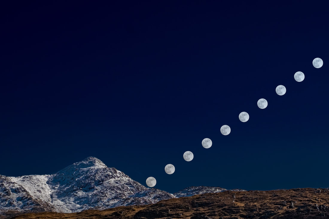 A composite image of 10 photos showing the path to the Full Snow Moon rising above the South-Eastern flank of Ben Resipole | Sunart Scotland