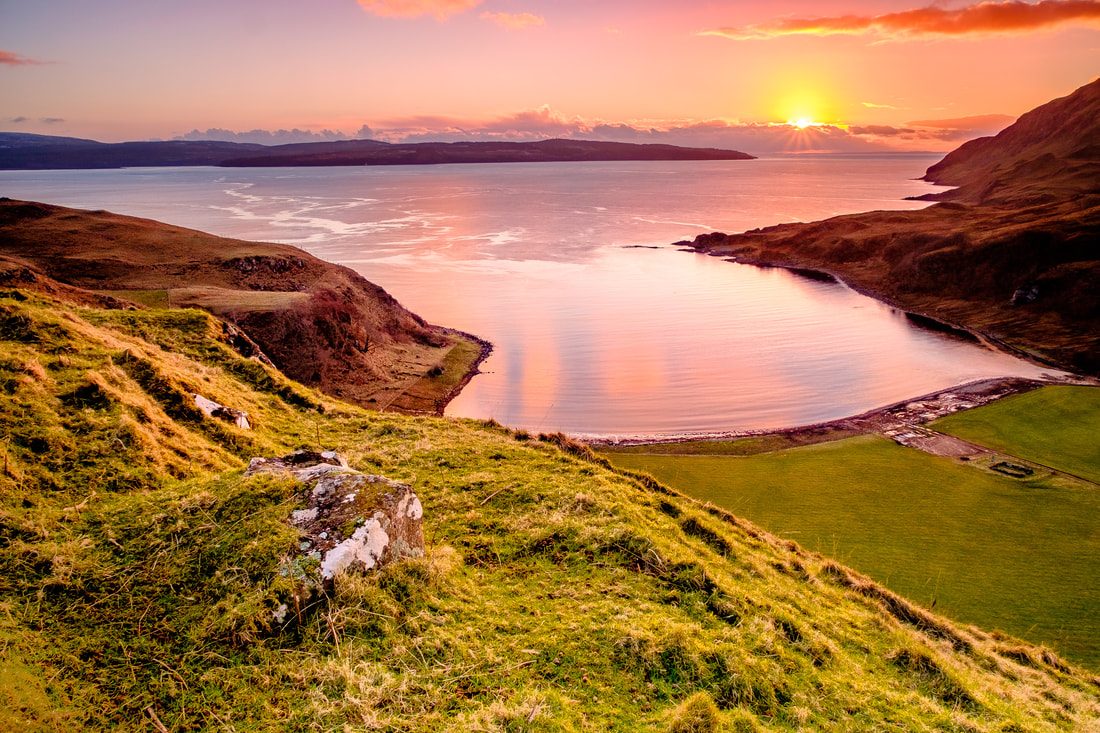 View from the western slopes of Beinn Bhuidhe looking over Camas nan Geall at sunset on a Spring evening | Ardnamurchan Scotland