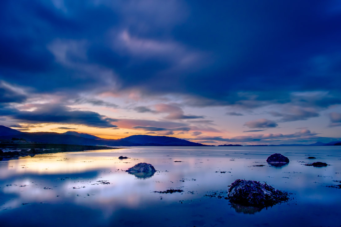 Sallachan beach and Loch Linnhe in the blue hour, before sunrise with the sun beginning to light up the sky behind the Argyll hills of Meall Ban and Beinn Sgluich | Ardgour Scotland