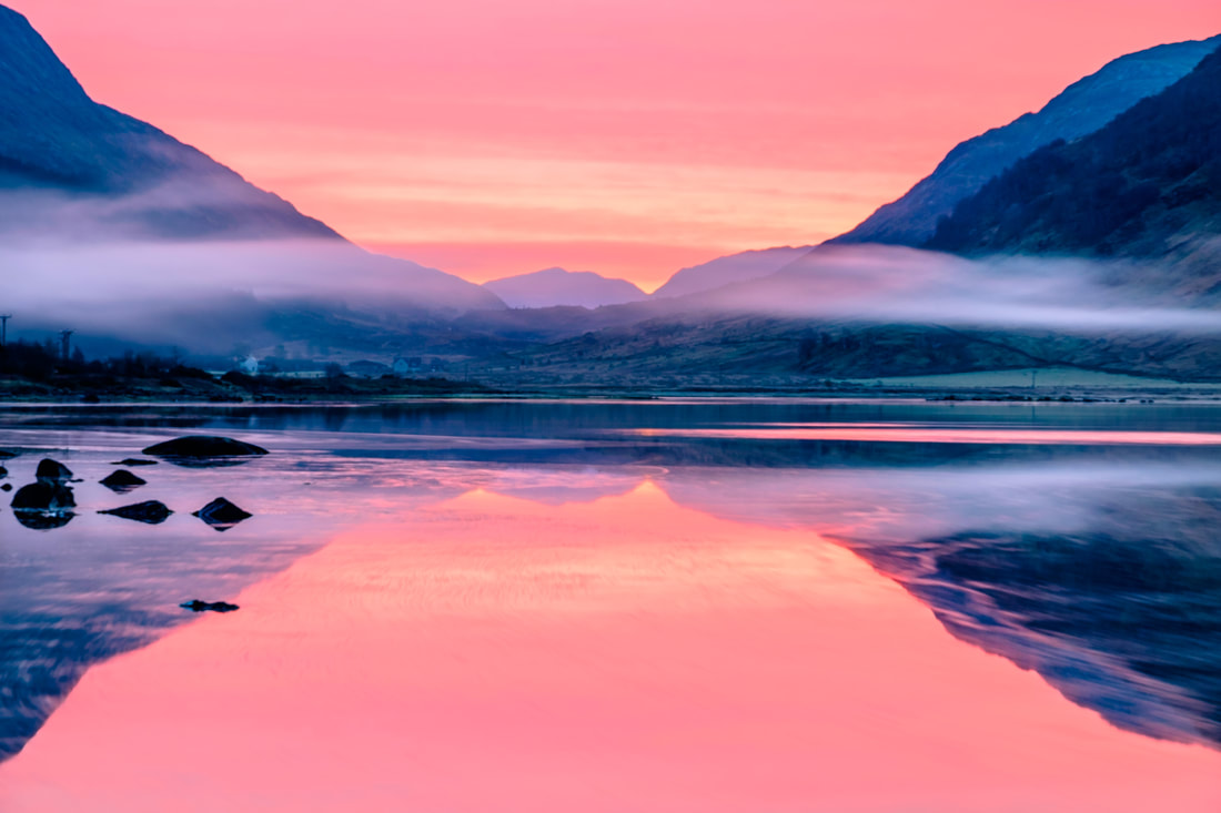 A stunning pink winter sunrise filling the sky above the head of Loch Sunart at Strontian | Sunart Scotland