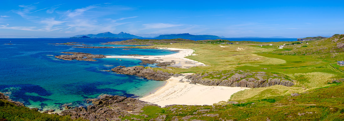Sanna Bay on a Summer's day, viewed from the hills to the South and with the Small Isles on the Northern Horizon. | Ardnamurchan Scotland