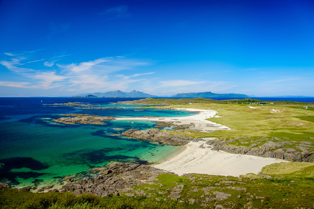 Sanna Bay on a Summer's day, viewed from the hills to the South and with the Small Isles on the Northern Horizon. | Ardnamurchan Scotland