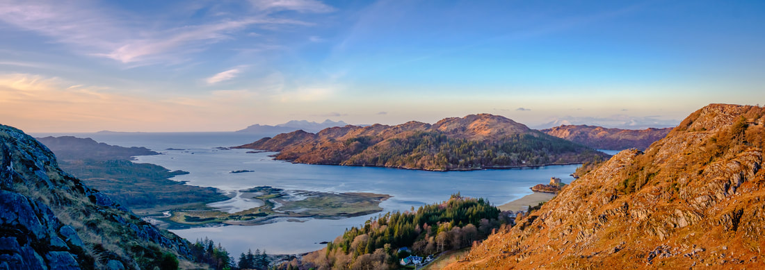 The view of Eilean Shona, Loch Moidart and Castle Tioram from Beinn Gheur at the end of a late January Day | Moidart Scotland | Steven Marshall Photography