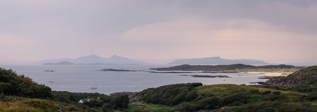 Sanna Bay and the Small Isles of Muck, Rùm and Eigg from above Portuairk | Ardnamurchan Scotland | Steven Marshall Photography