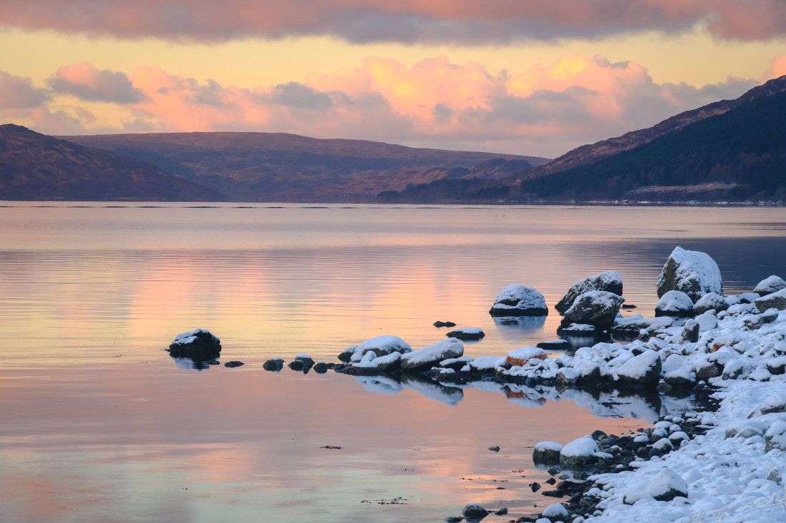 A winter sunrise at Resipole with snow all the way down to the sea | Loch Sunart Scotland | Steven Marshall Photography