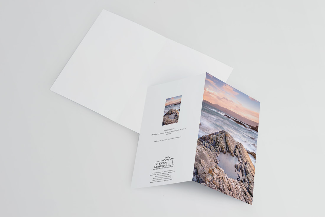 An A6 greeting card featuring the rocky coastline at Rubha na Faing Moire, Smirisary on a stormy day with waves crashing on the rocks | Moidart Scotland