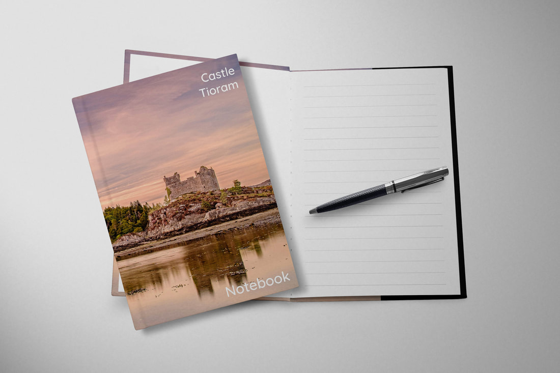 Souvenir hardbacked notebook featuring Castle Tioram at the end of a beautiful summer day | Moidart Scotland