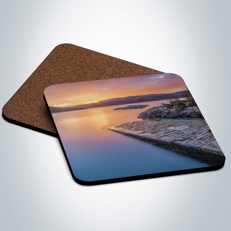 Souvenir photo coaster featuring an image of a sunrise on a January Morning with a high tide at the Salen Jetty | Ardnamurchan Scotland