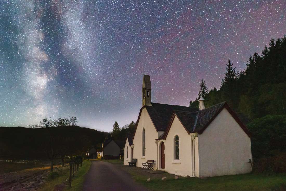 Kingairloch Church in Camasnacroise, sitting under a star filled night sky with the Milky Way passing across the hills to the south | Ardgour Scotland