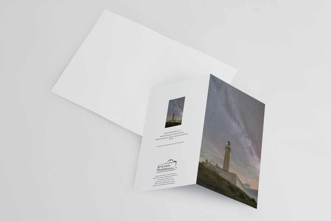 An A6 greeting card featuring the Ardnamurchan Lighthouse under the night sky with the Milky Way soaring above it | Ardnamurchan Scotland