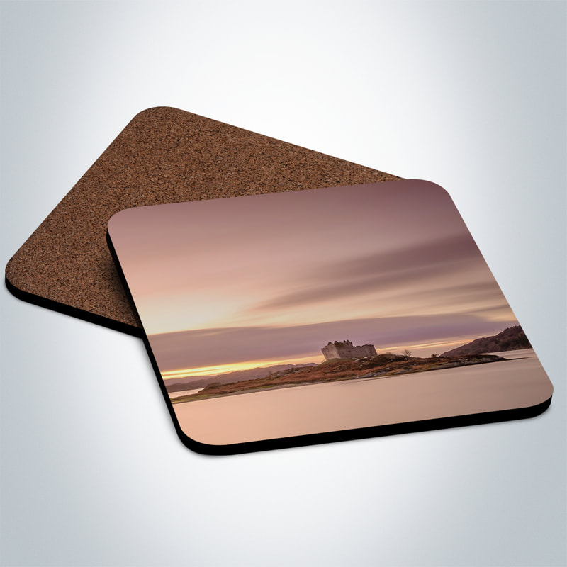 Souvenir photo coaster featuring an image of the Castle Tioram with Eilean Tioram completely surrounded by the high tide | Moidart Scotland