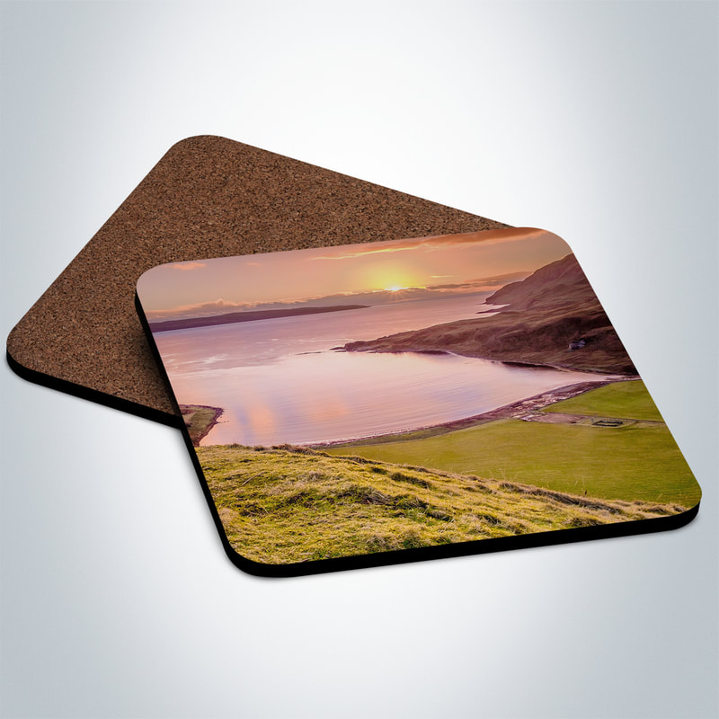 Souvenir photo coaster featuring an image of the view over Camas nan Geall towards the northern tip of the Isle of Mull at sunset | Ardnamurchan Scotland