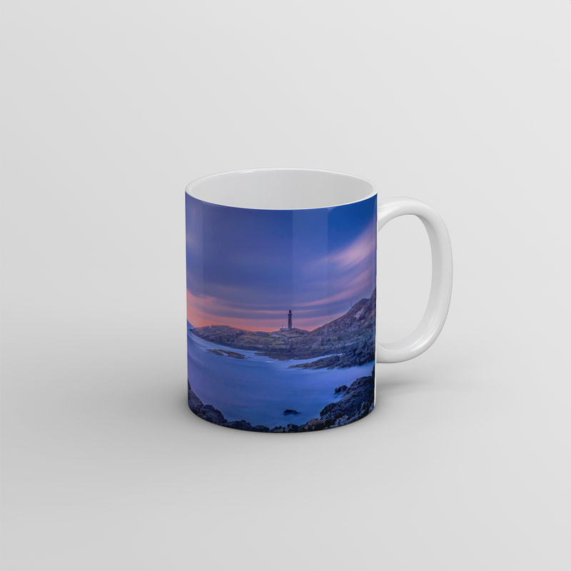 Souvenir photo mug featuring an image of the Ardnamurchan Lighthouse at dusk and viewed across Briaghlann, the to the south of Ardnamurchan Point | Ardnamurchan Scotland