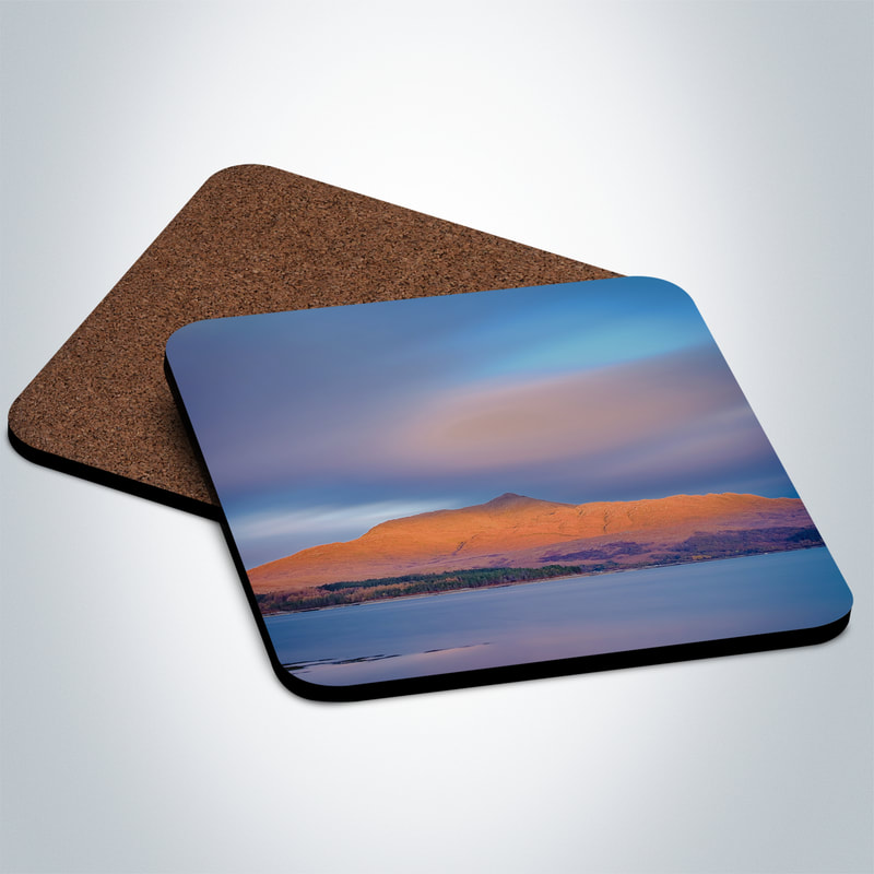 Souvenir photo coaster featuring an image of Ben Resipole viewed from across Loch Sunart with the mountain lit red from the sunset | Sunart Scotland