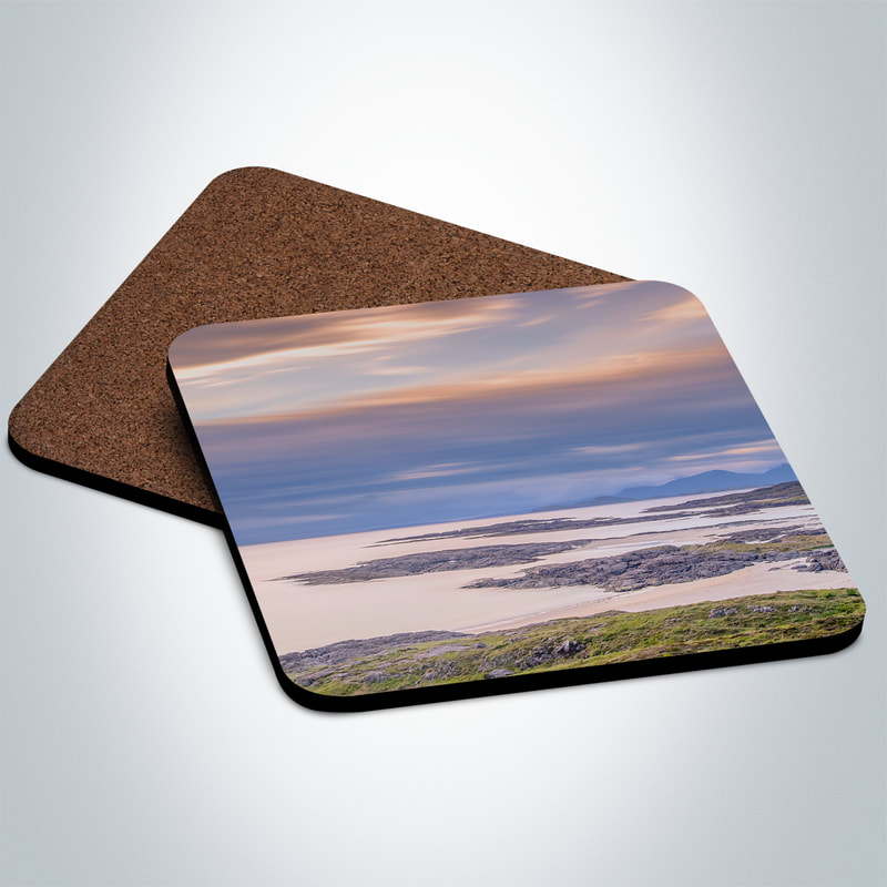 Souvenir photo coaster featuring an image of the view over the beach at Sanna Bay and towards the Small Isles | Ardnamurchan Scotland