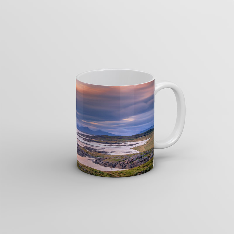 Souvenir photo mug featuring an image of the view over the beach at Sanna Bay and towards the Small Isles | Ardnamurchan Scotland