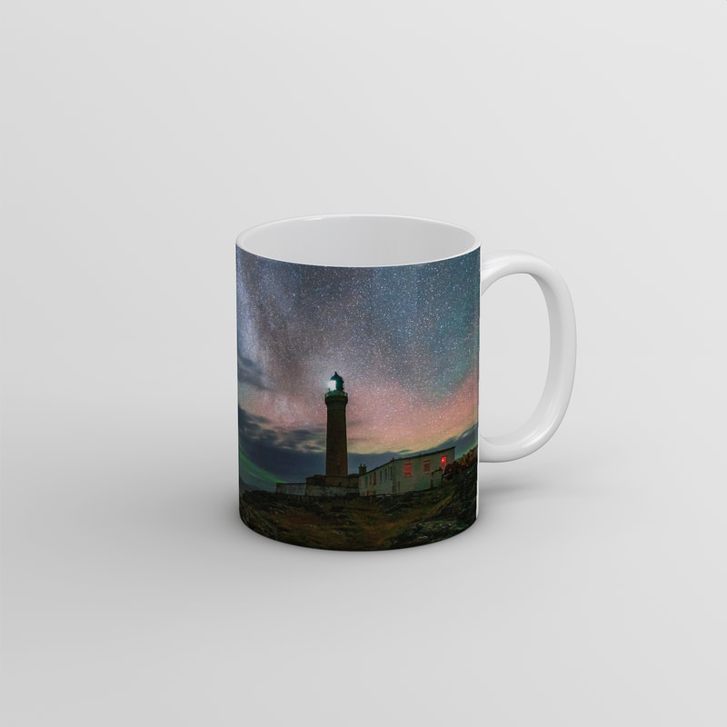 Souvenir photo mug featuring an image Ardnamurchan lighthouse sitting under the Milky Way with its light marking safe passage around the headland | Ardnamurchan Scotland