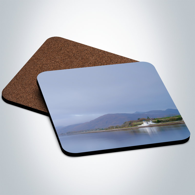 Souvenir photo coaster featuring an image of Corran Lighthouse across the calm waters of Loch Linnhe with the hills of Ardgour behind | Ardgour Scotland