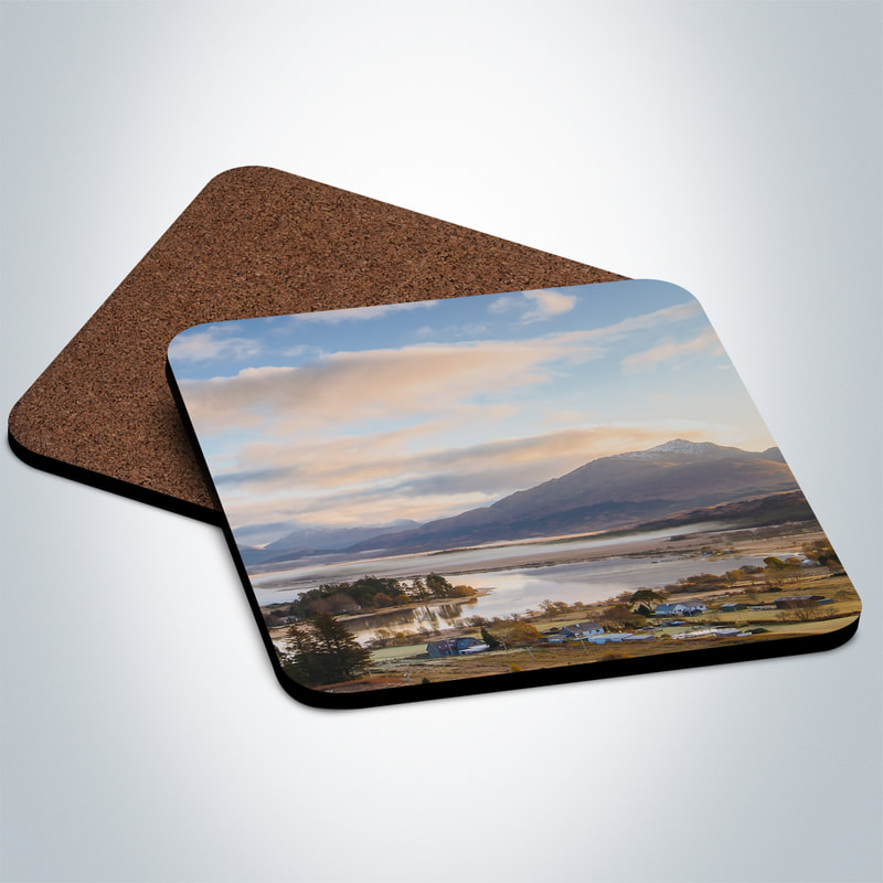 Souvenir photo coaster featuring an image the view over Acharacle towards Loch Shiel on a misty autumn morning | Ardnamurchan Scotland