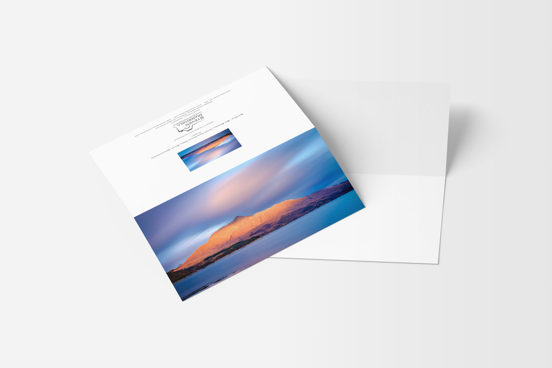 A DL sized greeting card featuring Ben Resipole lit red by an autumn sunset | Ardnamurchan Scotland